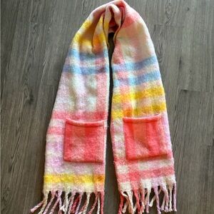 Pastel Plaid Fringe Scarf with Pockets